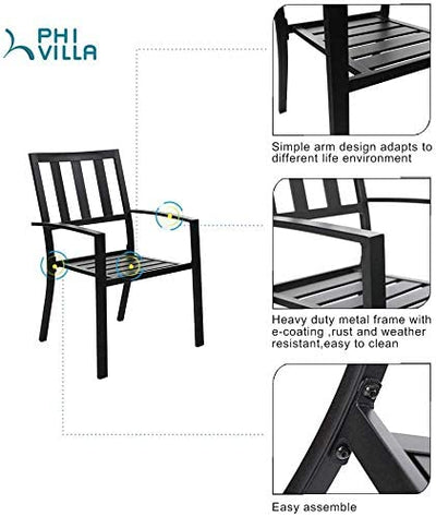 PHI VILLA 5 Piece Outdoor Patio Dining Set, 37" Square Metal Slatted Table with Umbrella Hole & 4 Metal Chairs for Deck, Yard