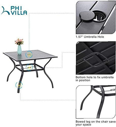 PHI VILLA 5 Piece Outdoor Patio Dining Set, 37" Square Metal Slatted Table with Umbrella Hole & 4 Metal Chairs for Deck, Yard