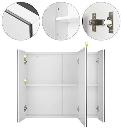 HOMFA Bathroom Wall Mirror Cabinet, 27.6 X 23.6 Inch Multipurpose Storage Organizer Medicine Cabinet Space Saver with 3 Doors Adjustable Shelf Kitchen Cupboard, White