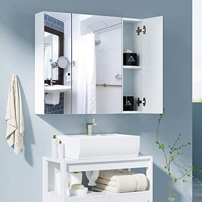 HOMFA Bathroom Wall Mirror Cabinet, 27.6 X 23.6 Inch Multipurpose Storage Organizer Medicine Cabinet Space Saver with 3 Doors Adjustable Shelf Kitchen Cupboard, White