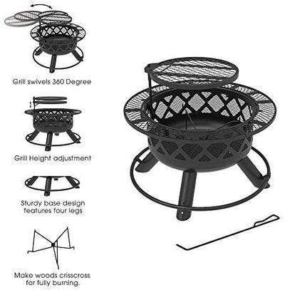 BALI OUTDOORS Wood Burning Fire Pit Backyard with Cooking Grill, 32in, Black, 24in