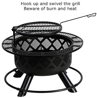 BALI OUTDOORS Wood Burning Fire Pit Backyard with Cooking Grill, 32in, Black, 24in